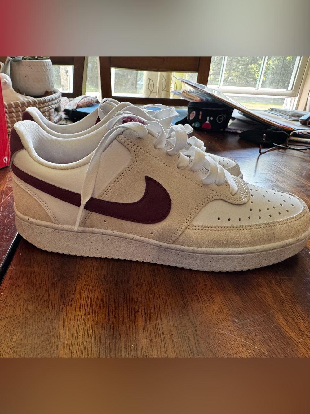 Nike Court Vision Lo in White Off-white and Maroon-Adobe W8.5